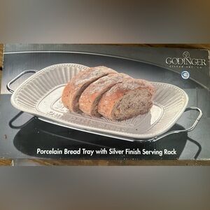 NTW. Godinger porcelain bread tray with silver serving rack
